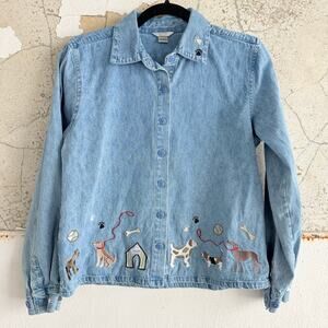 Denim Shirt Dog Embroidered Jacket Puppy Applique Christopher Banks Women XL